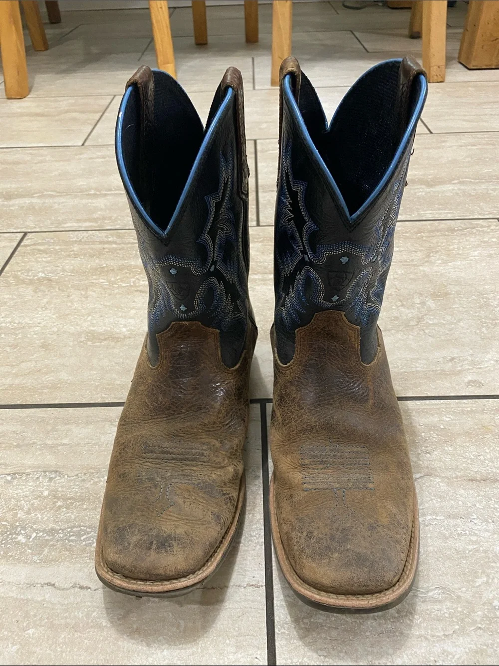 Ariat Kids Brown Leather Western Boots with Black Shaft and Blue Stitching